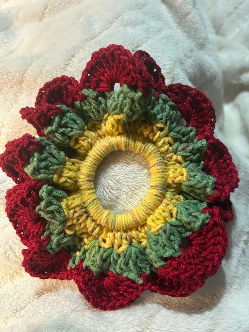 Hand Crafted Crocheted Floral Hair Scrunchie in Red, Green & Yellow